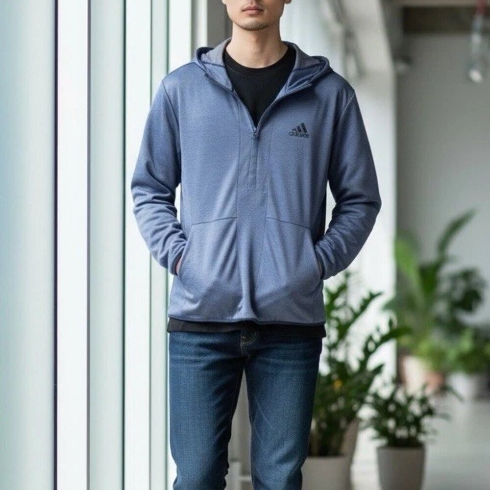 Adidas Climawarm Mens Large Gray Blue Full Zip Performance Hoodie Jacket